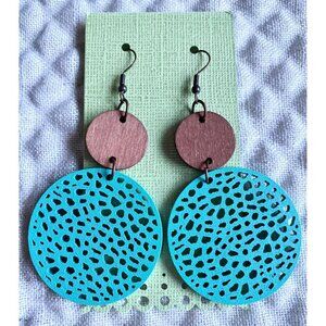 New Aqua & Brown Round Wooden Circle Disk Retro Beachy Earrings - 3.25"